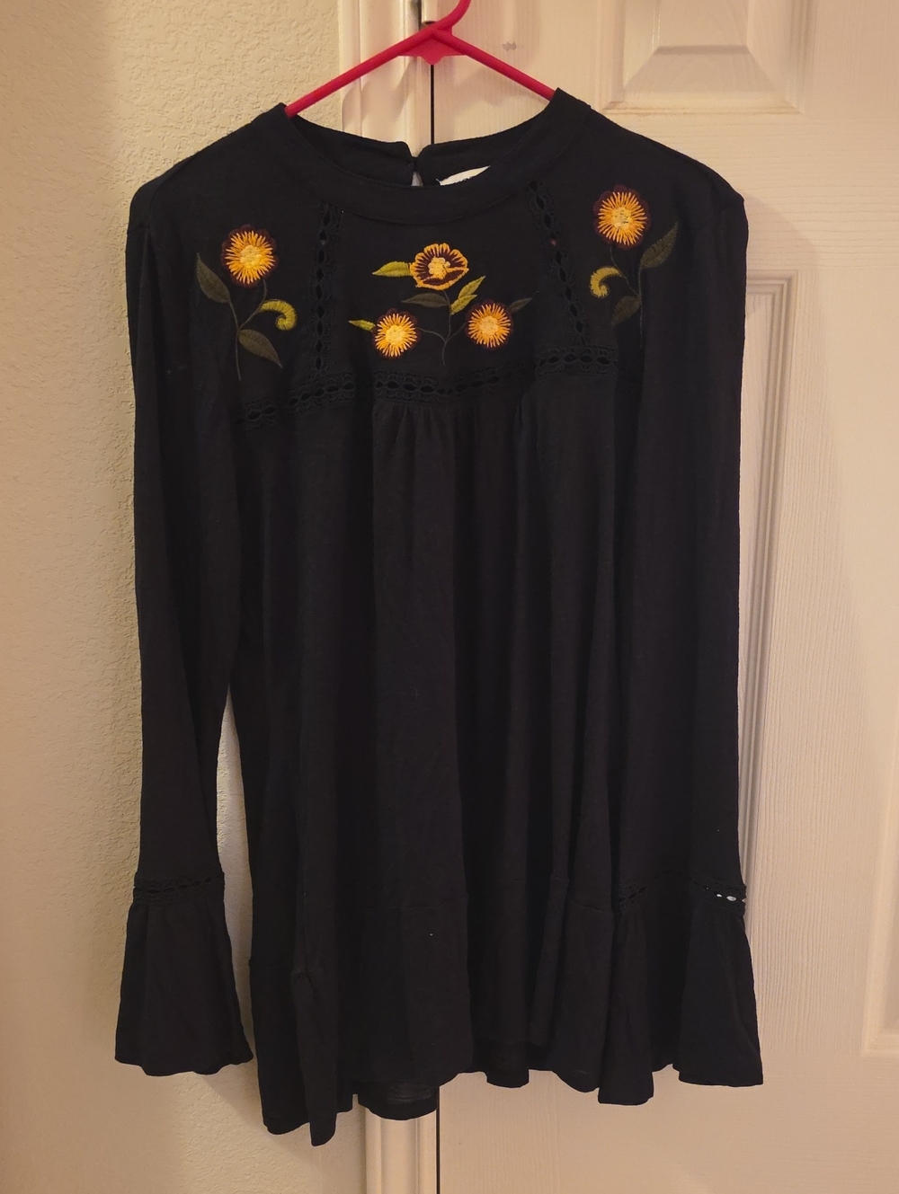 Notations Black Long-Sleeve Blouse with Yellow Floral Embroidery